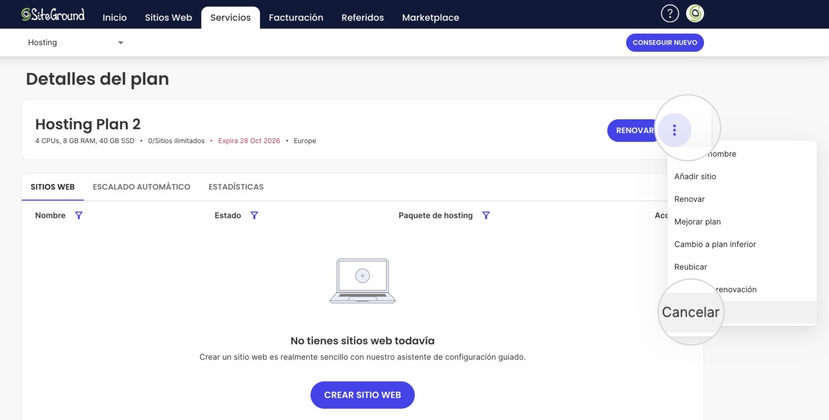 Cancelar hosting SiteGround