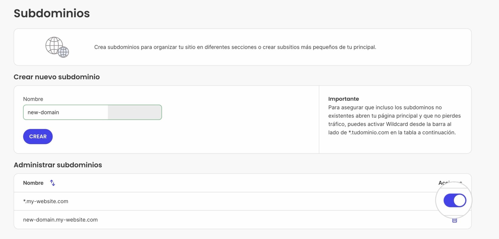 habilitar un subdominio Wildcard para tu dominio