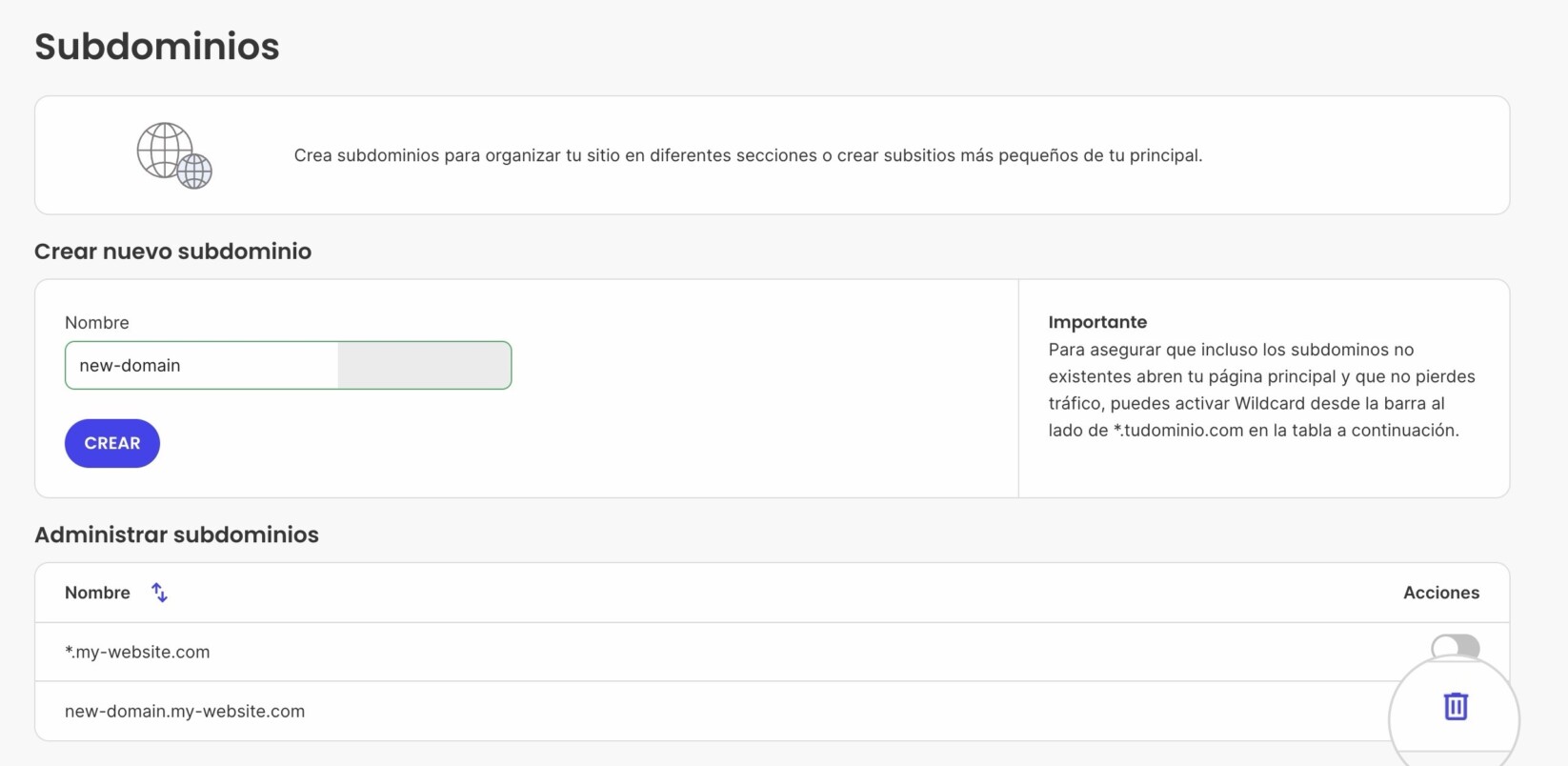 Borro un subdominio