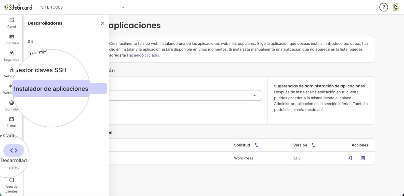 También puedes instalar un sitio web desde Site Tools > Desarrolladores > Instalador de aplicaciones.