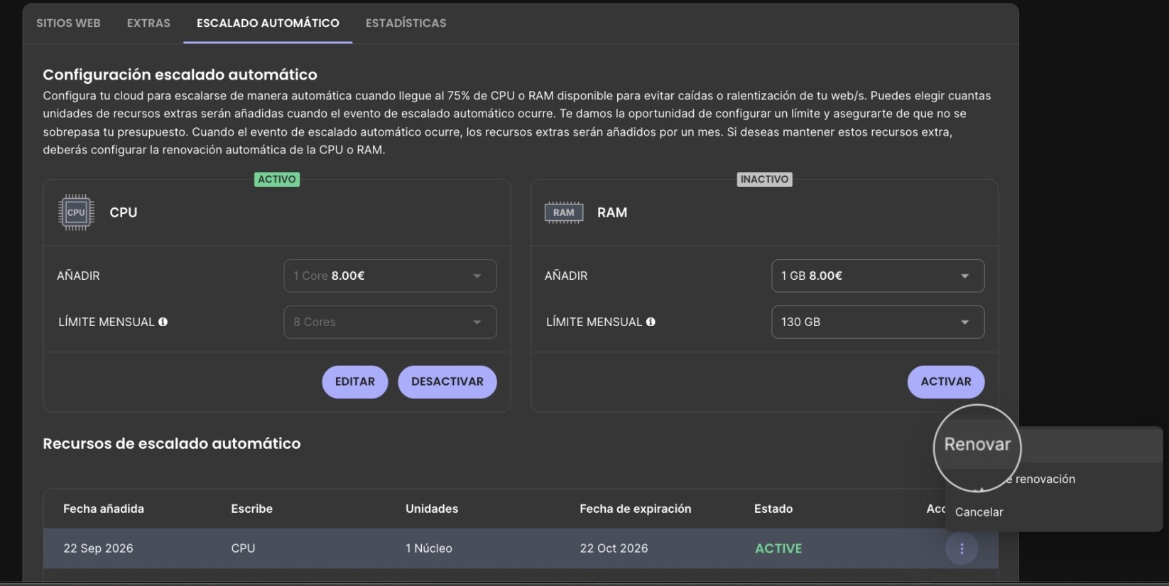 Configurar manualmente una renovación única