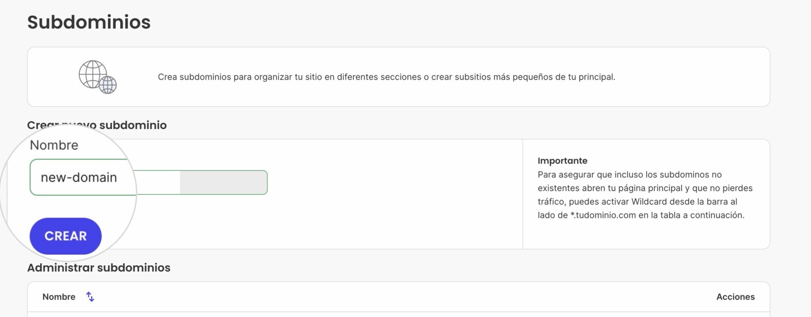 Escribe el prefijo del subdominio en el campo Nombre y haz clic en Crear.