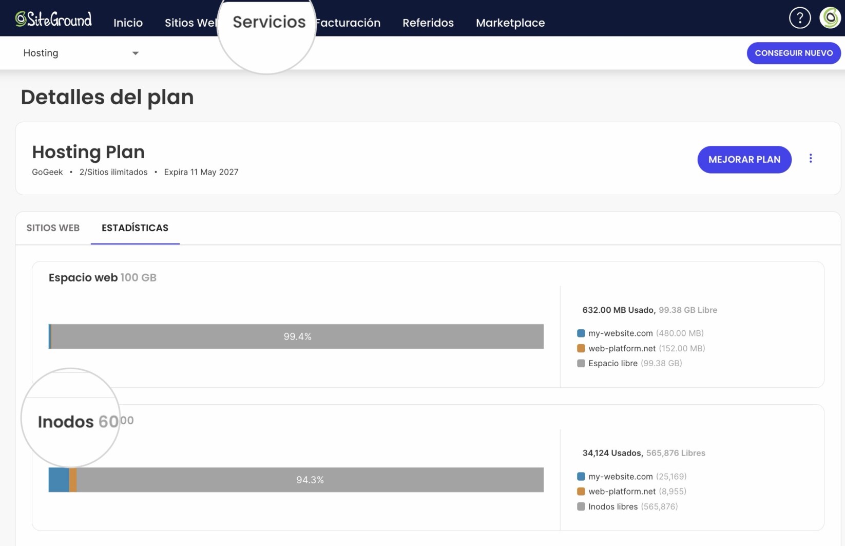 La página de detalles de tu plan de hosting