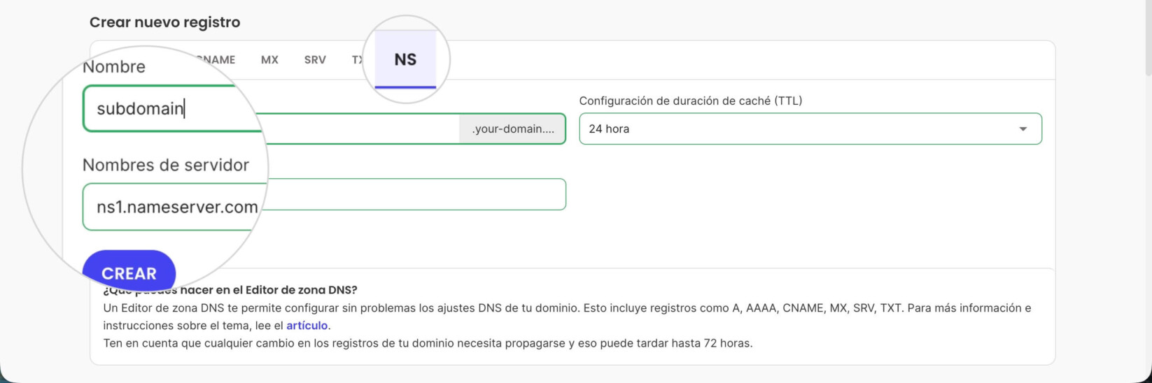Configuración de los registros NS en el Editor de Zona DNS en el Área de Cliente de SiteGround