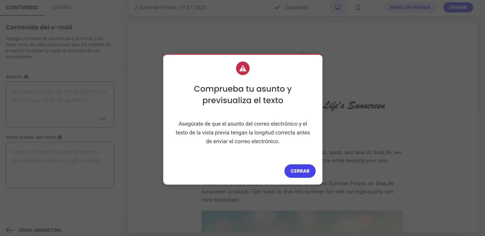 Captura de pantalla que muestra un error en la línea de asunto faltante en Email Marketing