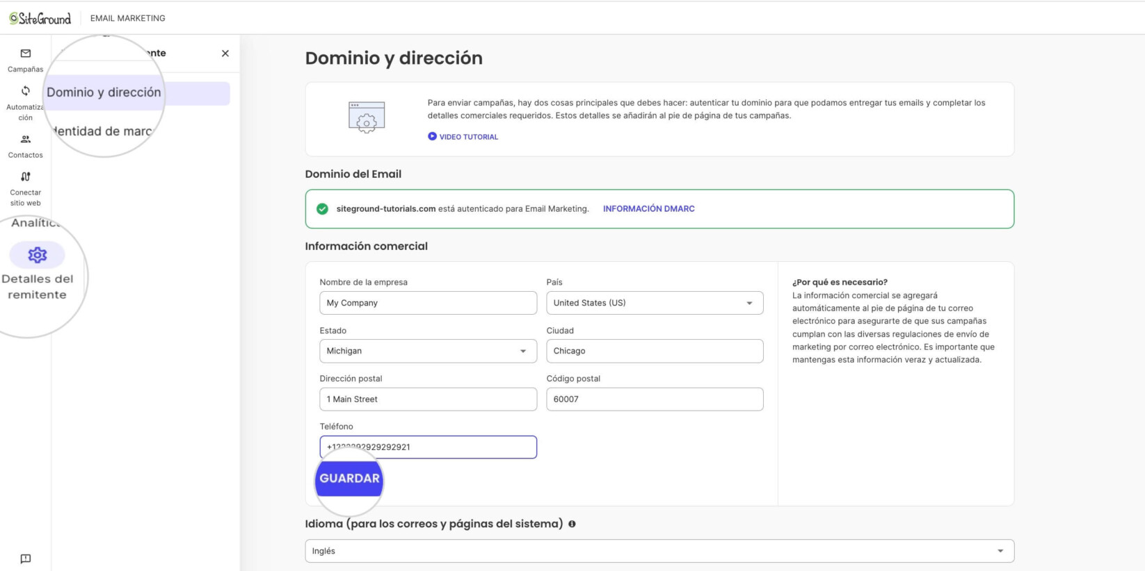 Información comercial en SiteGround Email Marketing