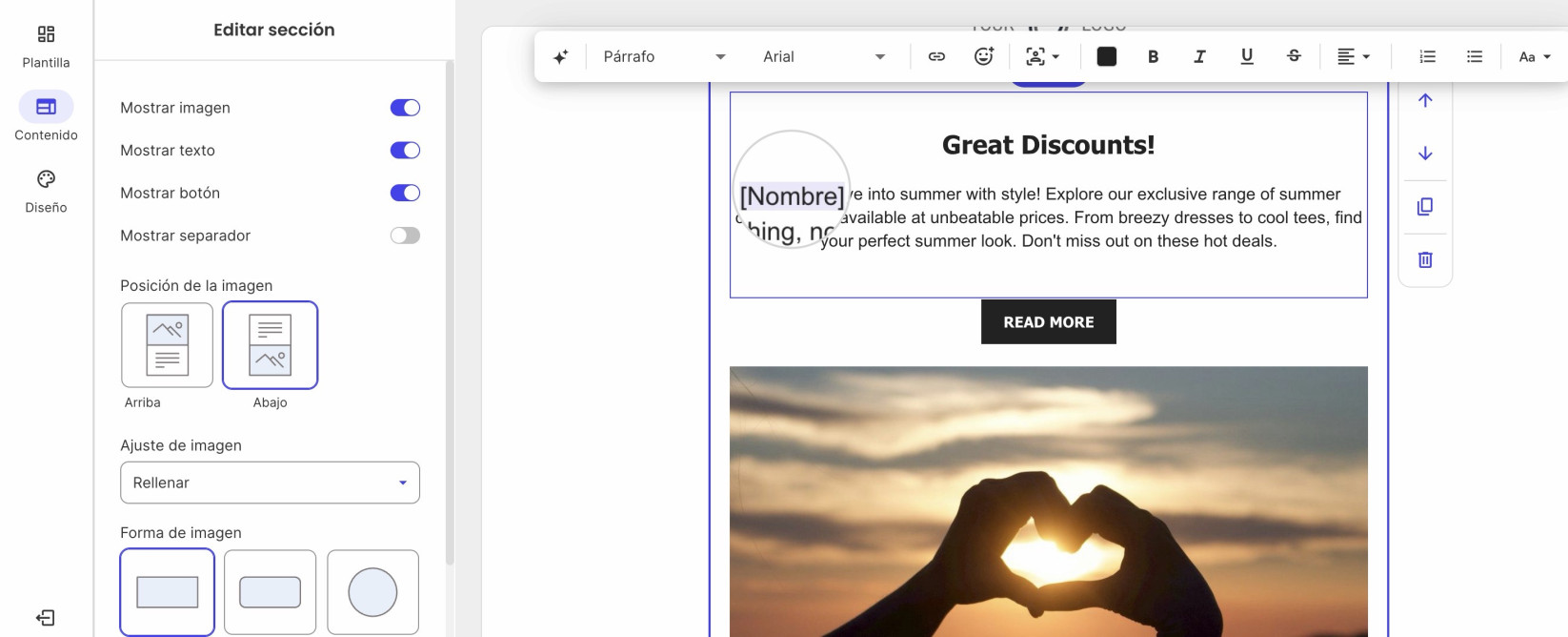 Captura de pantalla de Cómo aparece una variable para Nombre en el cuerpo de un email en Email Marketing