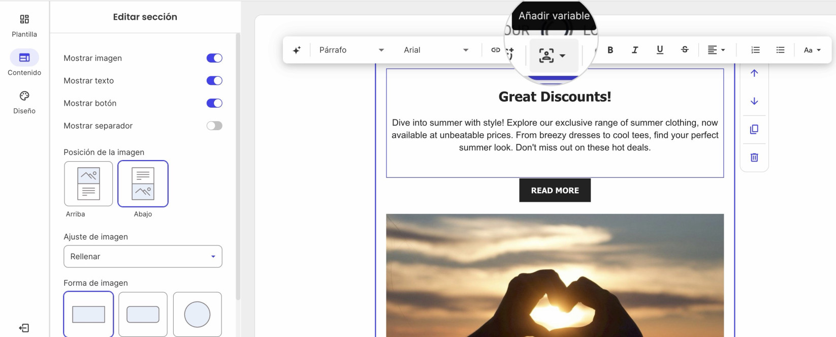Captura de pantalla que muestra Cómo añadir una variable en el cuerpo de un email en Email Marketing