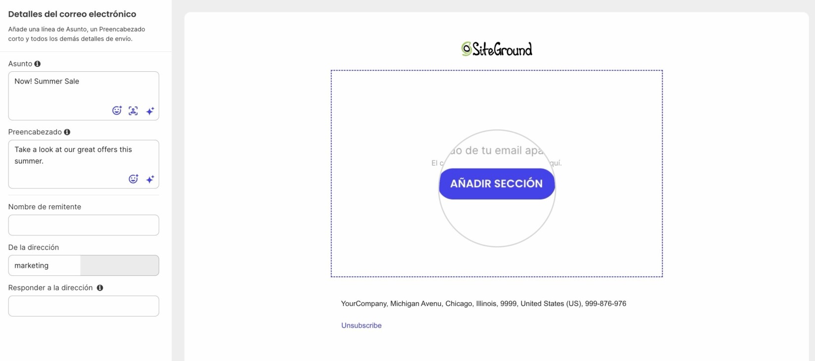 Captura de pantalla del botón Añadir sección en el Creador de emails