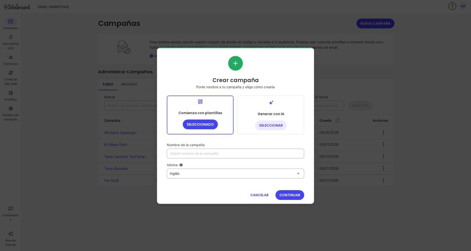Captura de pantalla de Cómo elegir un nombre para una nueva campaña en Email Marketing