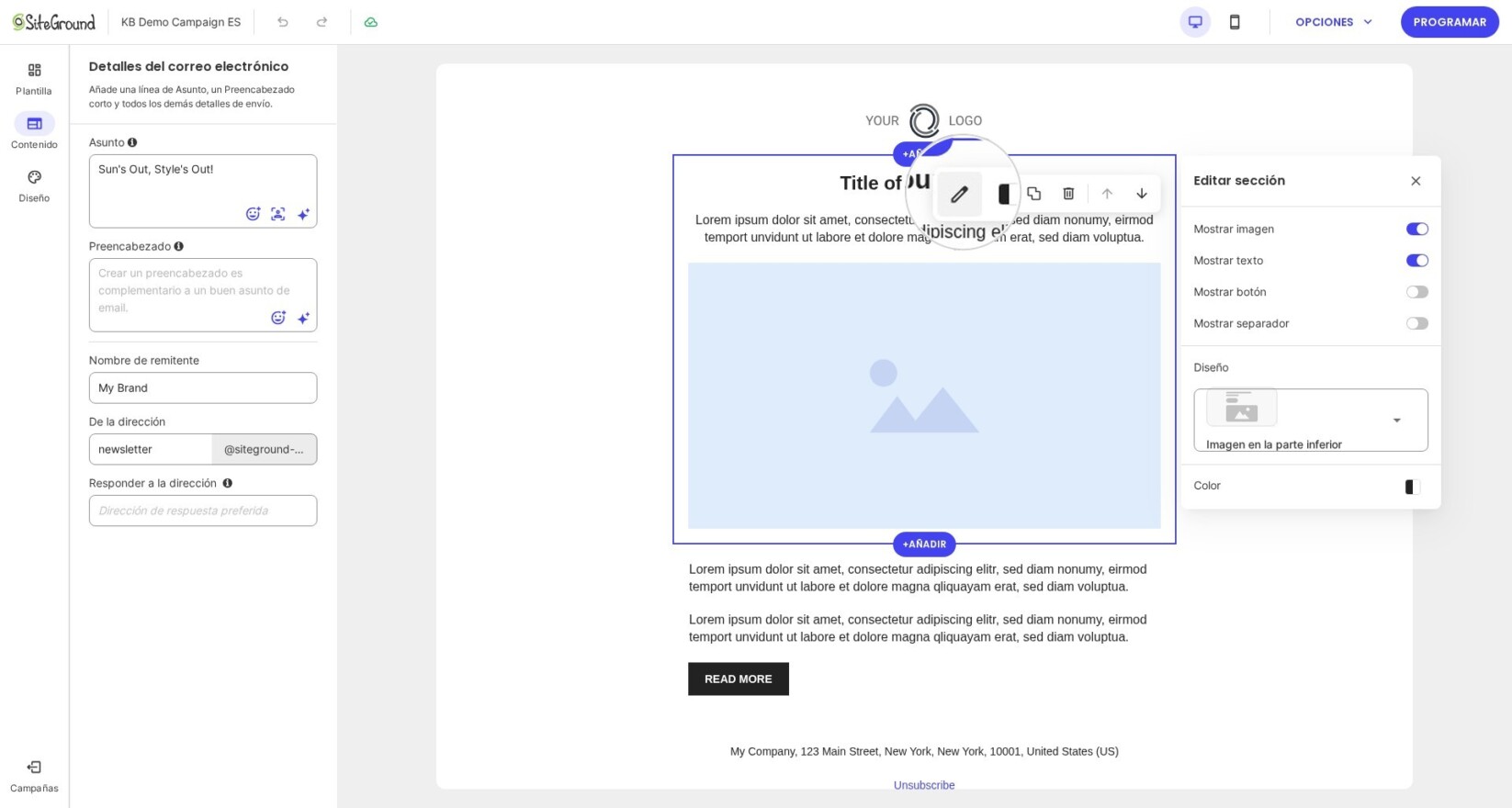 Captura de pantalla que muestra Cómo editar una sección de email en Email Marketing