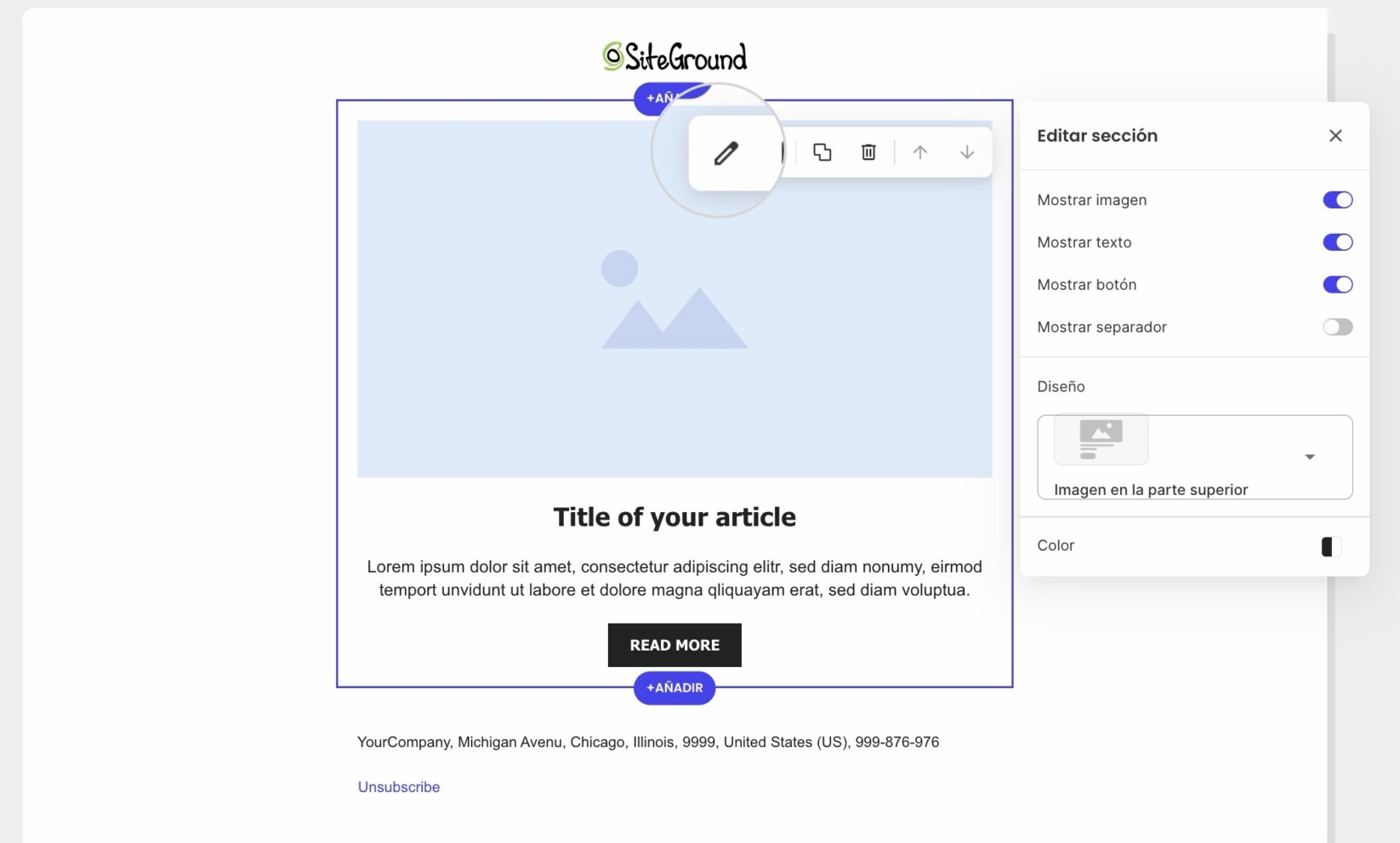 Captura de pantalla que muestra la pantalla "Editar sección"