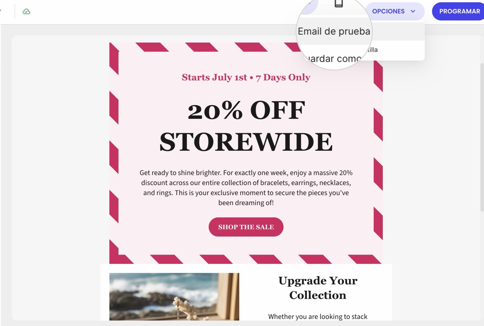 Captura de pantalla que muestra el botón de Email de prueba en el Creador de emails de SiteGround Email Marketing