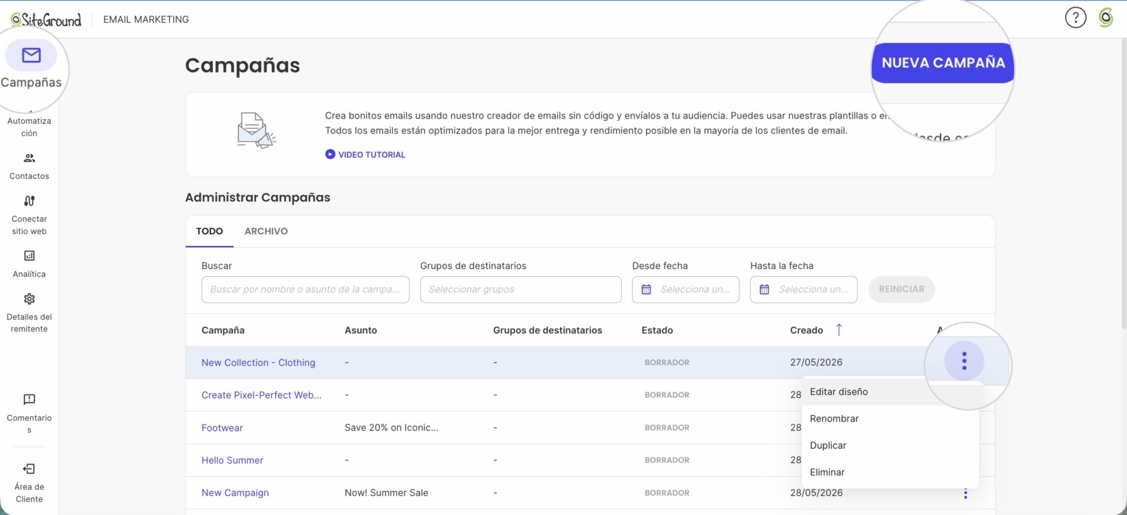 Captura de pantalla del botón Crear nueva campaña para acceder al Creador de emails de SiteGround Email Marketing