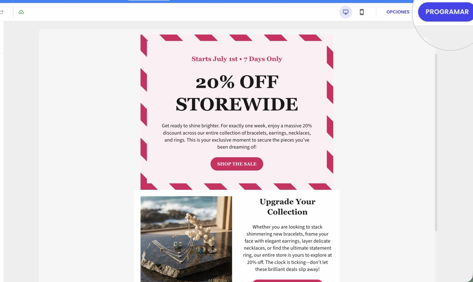 En el Constructor de Emails, pulsa el botón PROGRAMAR en la esquina superior derecha