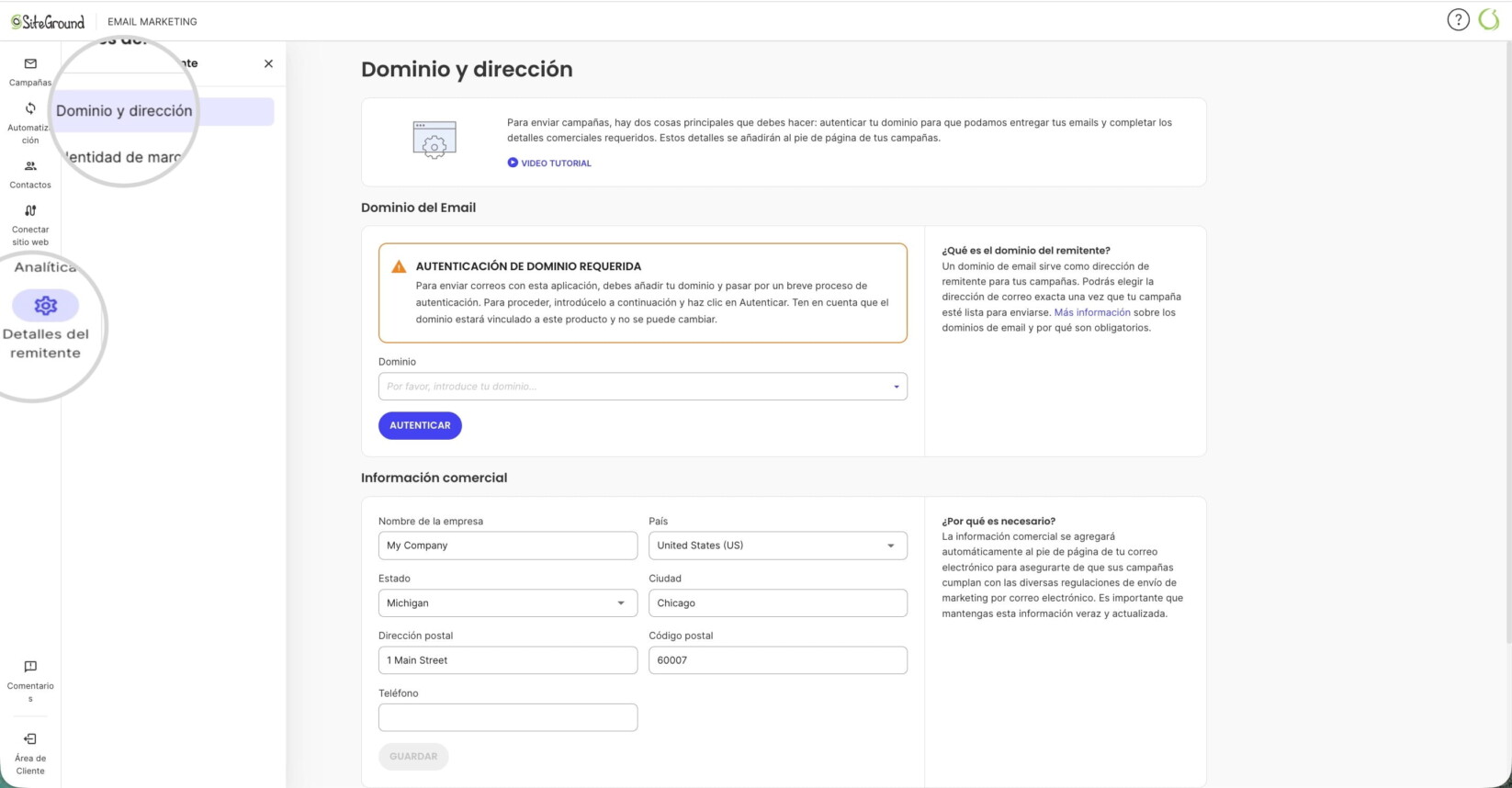 Sección de Detalles del remitente en SiteGround Email Marketing