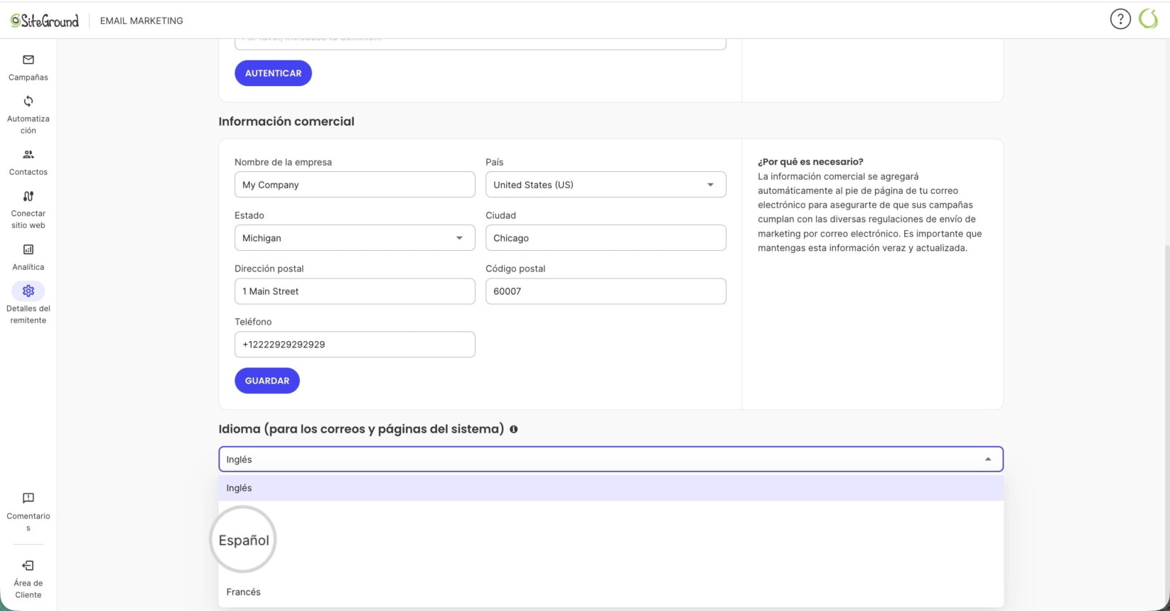 Idioma en SiteGround Email Marketing