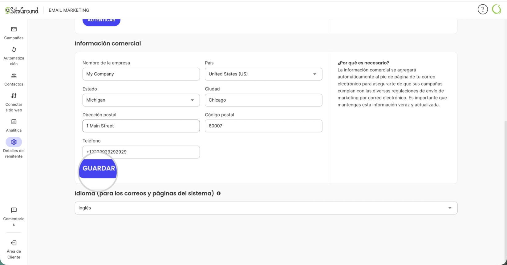 Información comercial en SiteGround Email Marketing