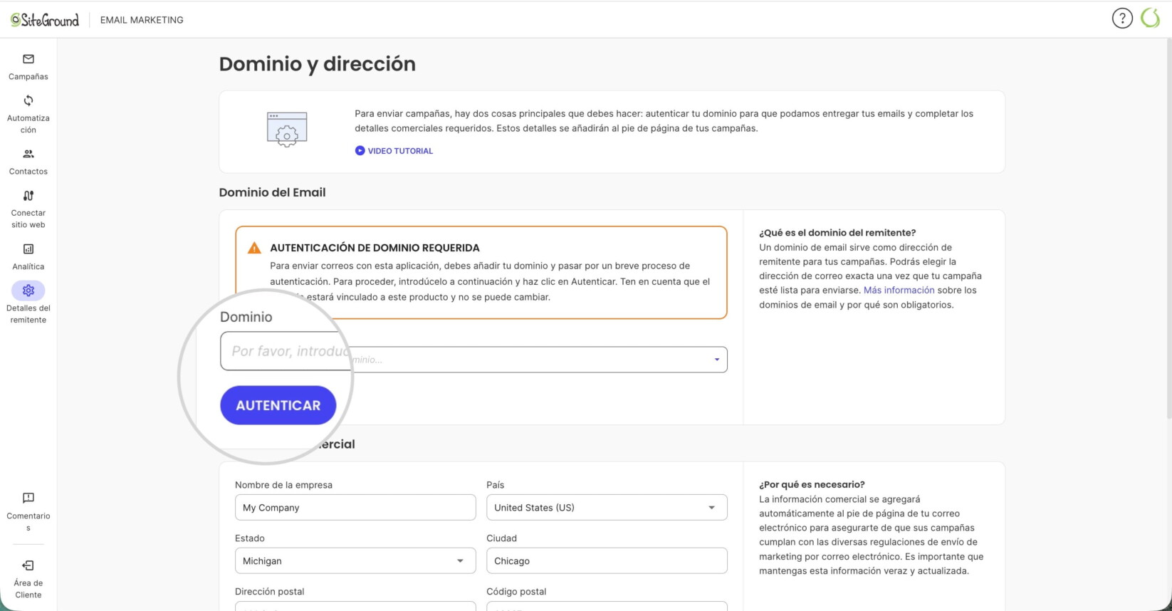 Cómo enviar un dominio de remitente en SiteGround Email Marketing