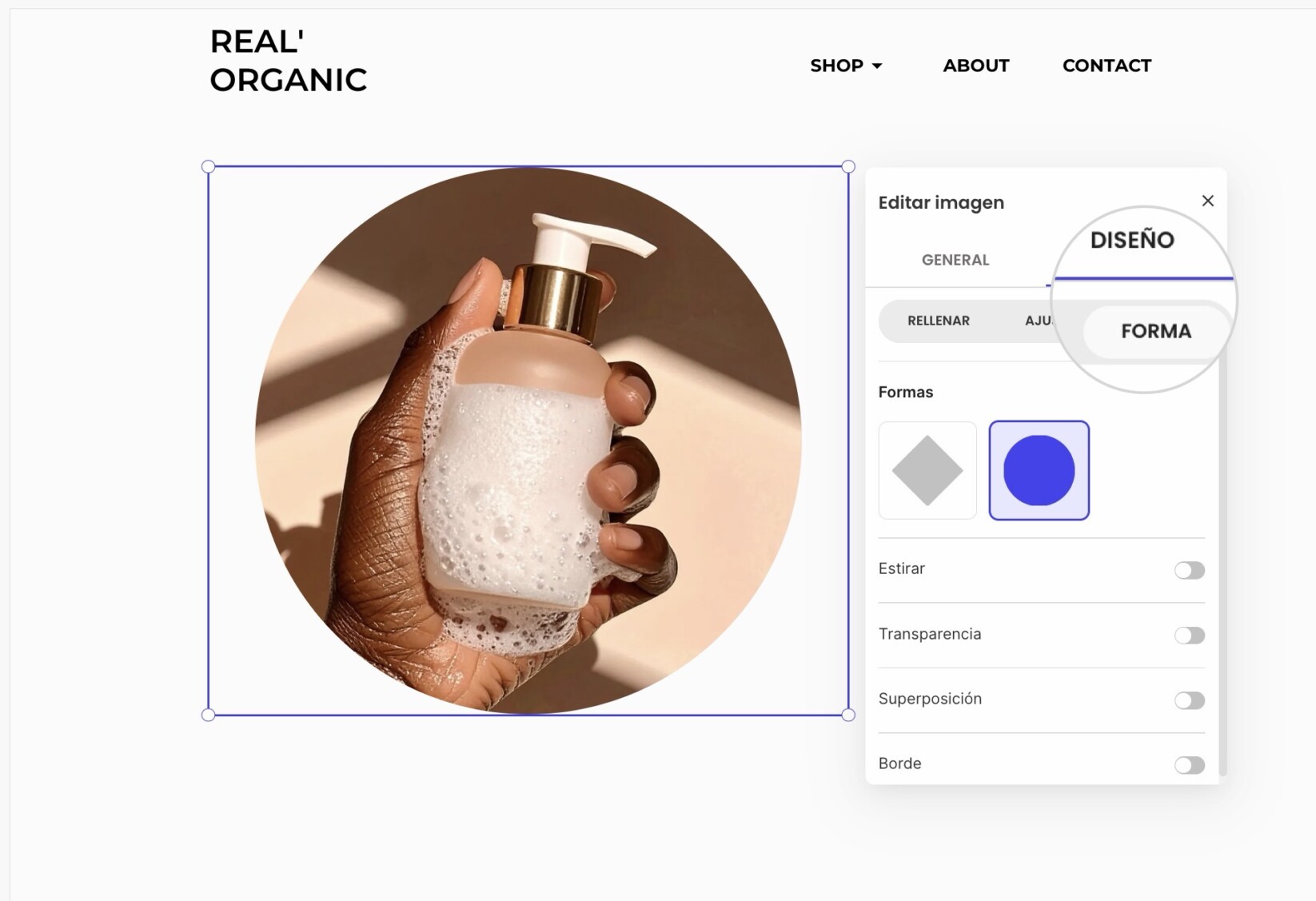 Puedes personalizar la forma de una imagen individual a través de sus ajustes de Diseño
