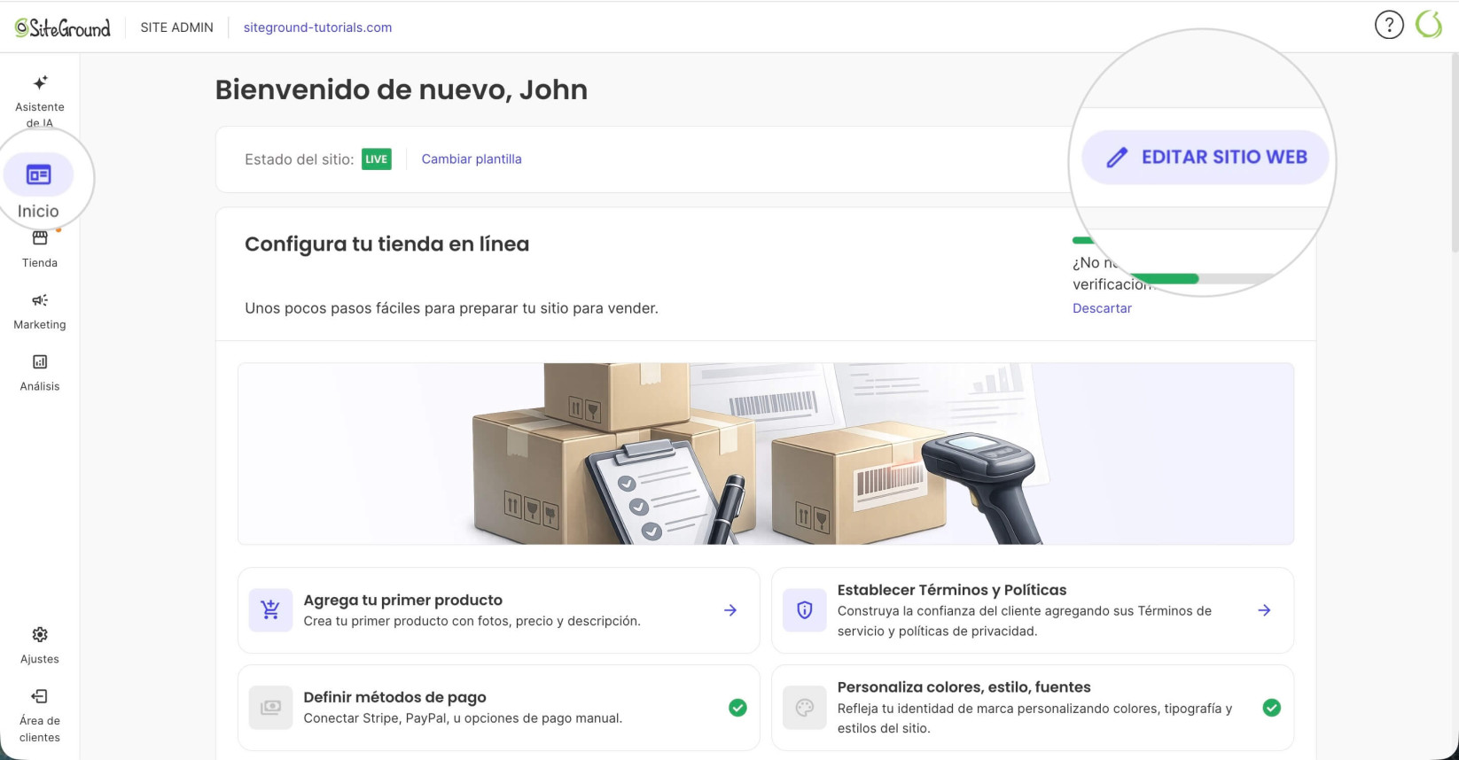 Botón Editar sitio web para acceder al editor visual del Website Builder