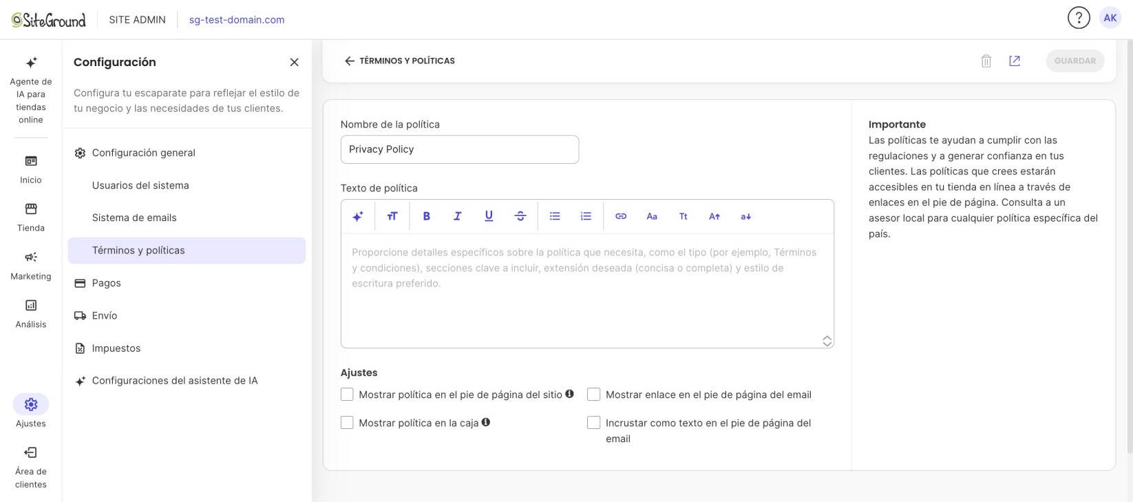 Pantalla de edición de una política con el campo de nombre, el editor de texto y las opciones para mostrarla en el pie de página, en la caja y en los emails