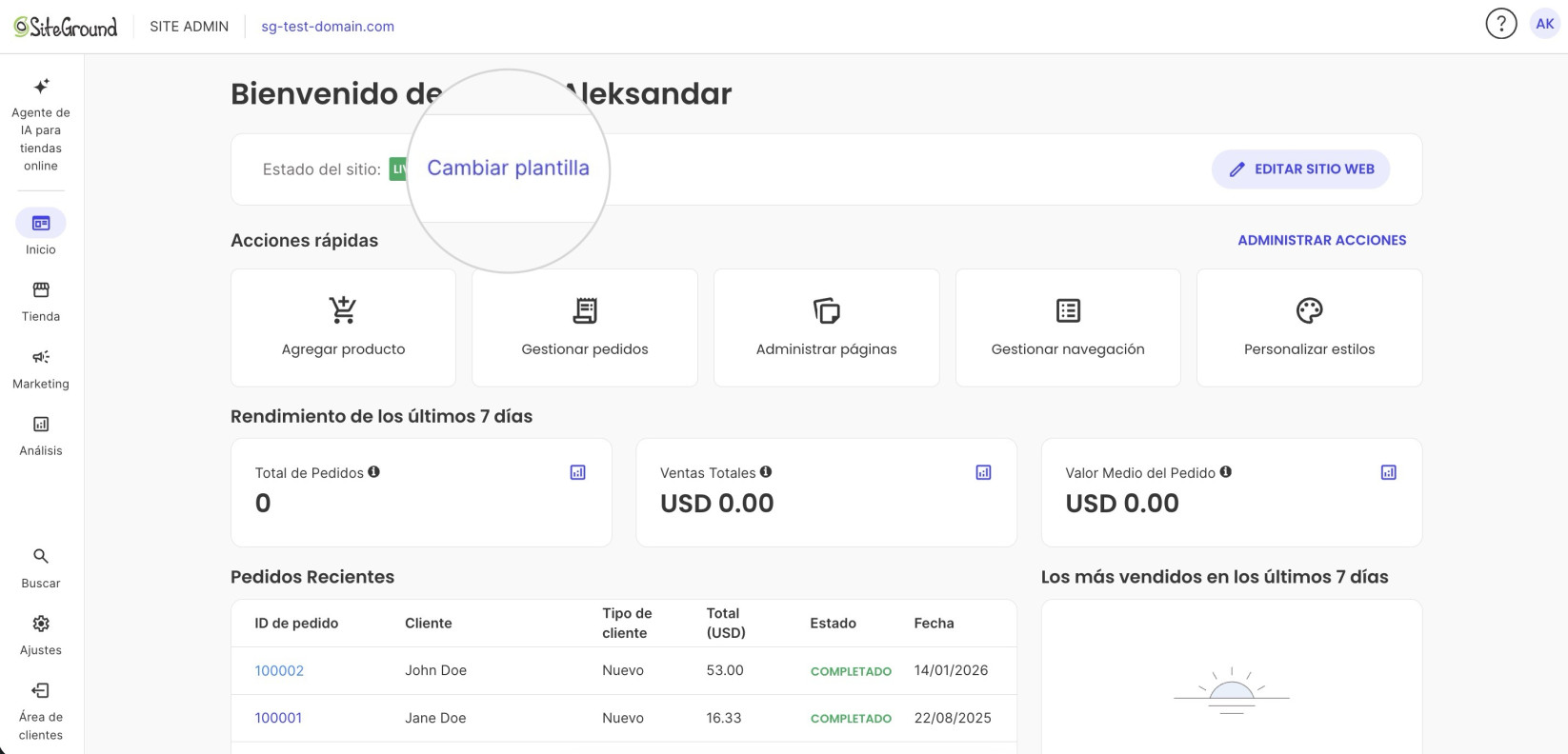 Página de Inicio del Site Admin de SiteGround (« Bienvenido de nuevo, Aleksandar ») con un foco ampliado sobre el enlace « Cambiar plantilla », junto al Estado del sitio LIVE y el botón Editar sitio web. Debajo, Acciones rápidas, Rendimiento de los últimos 7 días (todo en 0) y Pedidos Recientes.