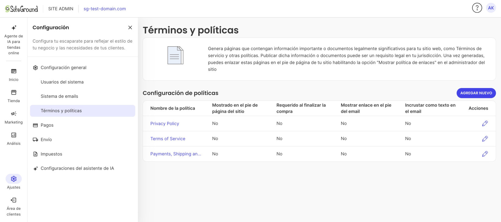 Página «Términos y políticas» en el Site Admin de SiteGround con la tabla de políticas configuradas y el botón «Agregar nuevo»