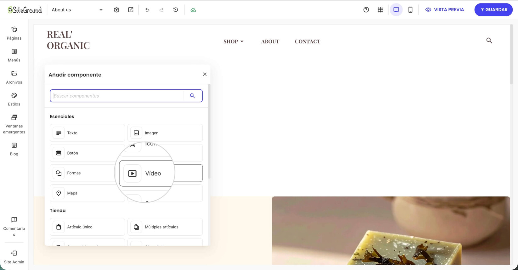 Panel Añadir componente en Website Builder con la opción de componente de Vídeo resaltada para incrustar contenido de vídeo