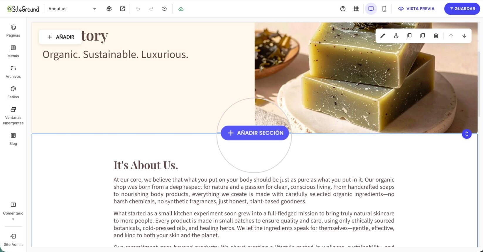 Editor de páginas de Website Builder que muestra el botón Añadir sección entre bloques de contenido, permitiendo a los usuarios insertar secciones de diseño predefinidas