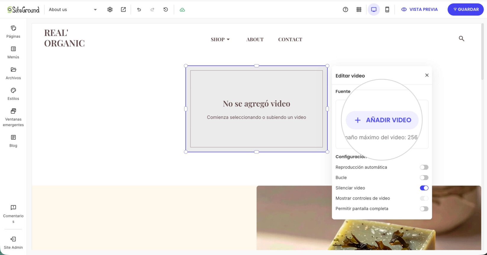 Panel de ajustes del componente de vídeo que muestra el botón Añadir vídeo y el límite de subida, utilizado para seleccionar o subir una fuente de vídeo