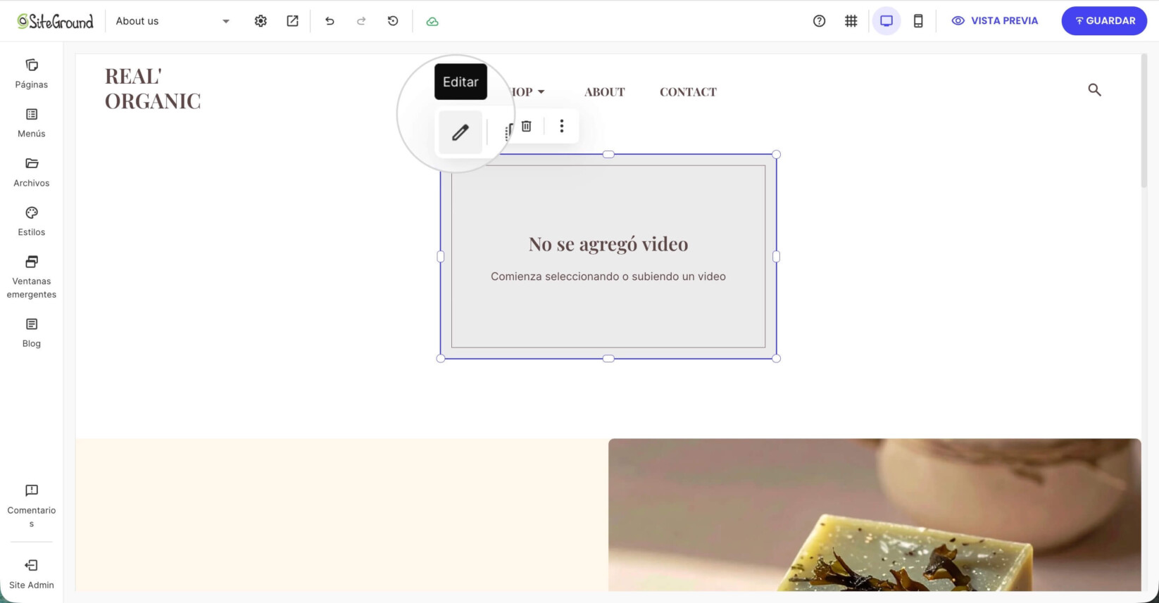 Panel de ajustes del componente de vídeo con controles para reproducción automática, bucle, silencio, controles de vídeo y opciones de pantalla completa