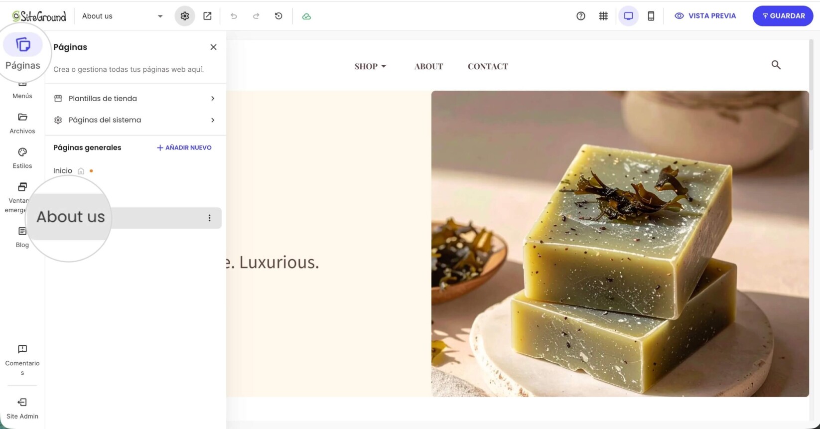 Panel de páginas en Website Builder que muestra la página Quiénes somos seleccionada de la lista de páginas disponibles del sitio