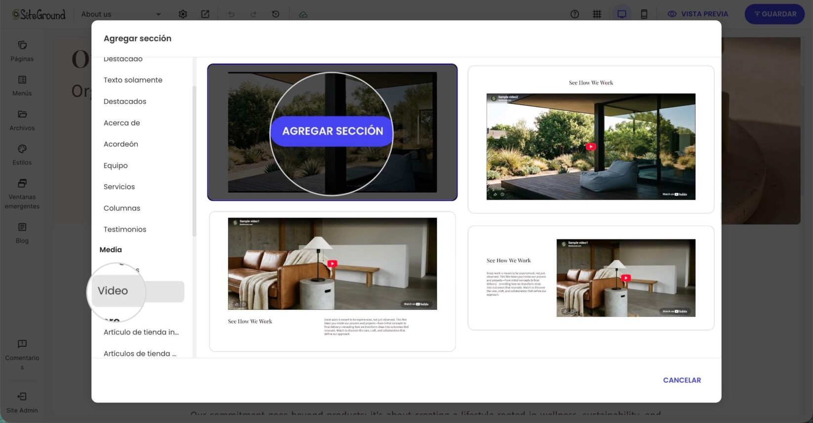 Modal Añadir sección en Website Builder que muestra los diseños de sección de Vídeo disponibles para incrustar vídeos en una página