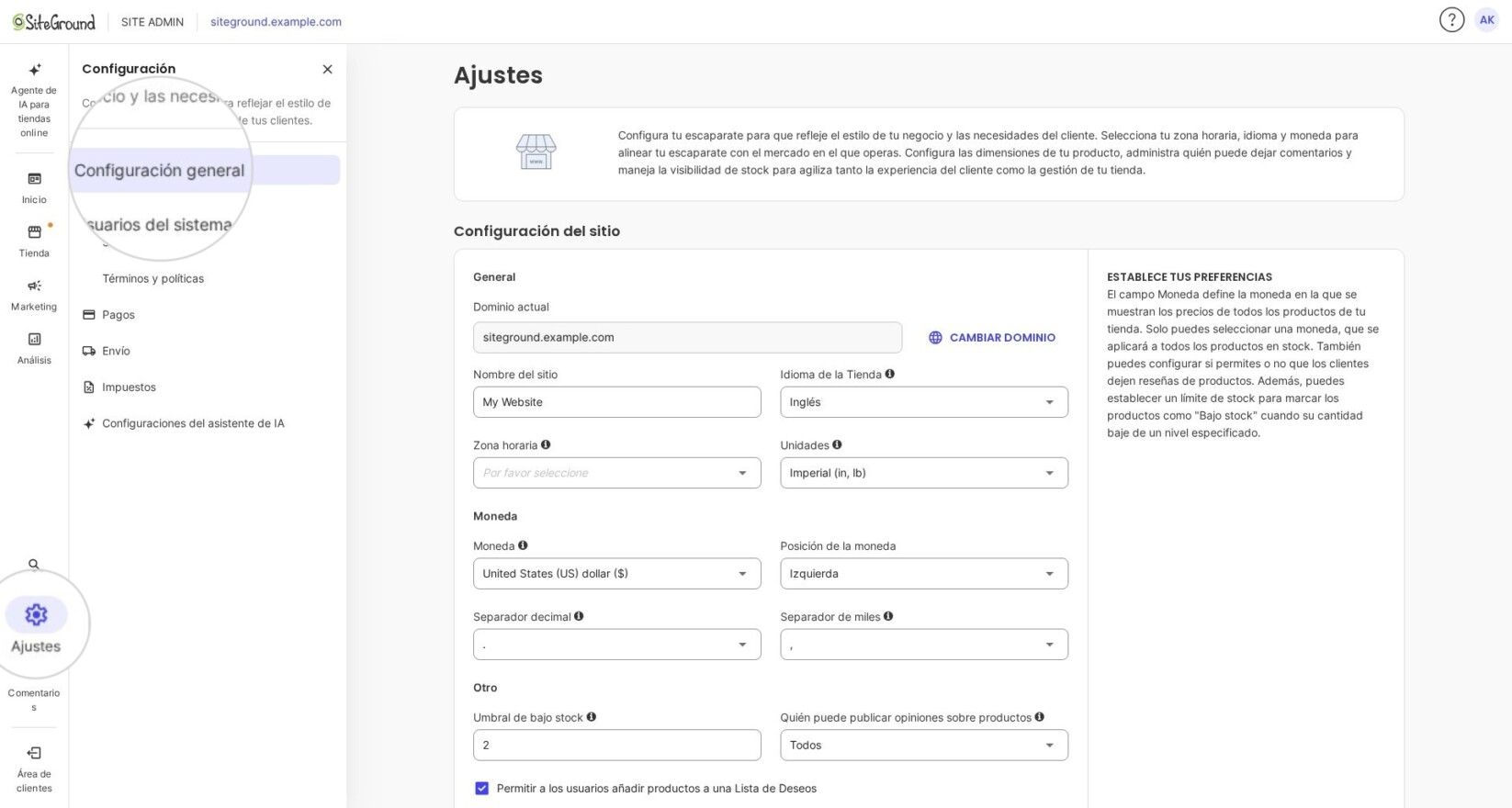 Sección de Ajustes en SiteGround Ecommerce