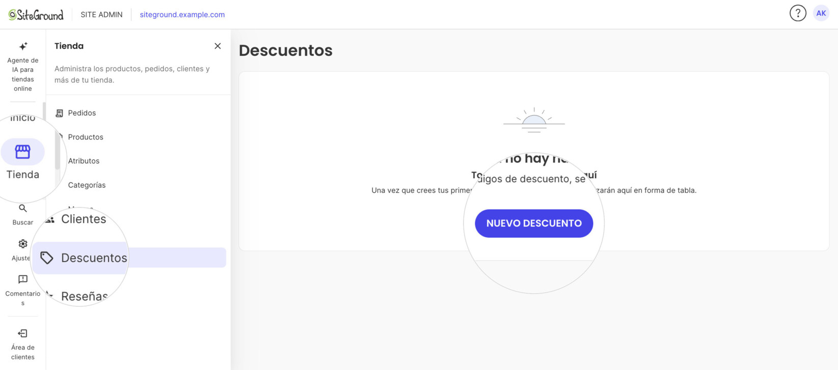 Site Admin con el menú Tienda abierto en Descuentos; la página vacía destaca el botón NUEVO DESCUENTO.