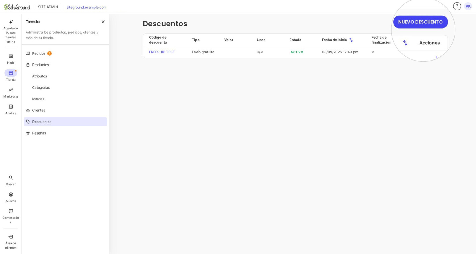 Site Admin con el menú Tienda abierto en Descuentos; la lista destaca el botón NUEVO DESCUENTO arriba a la derecha.