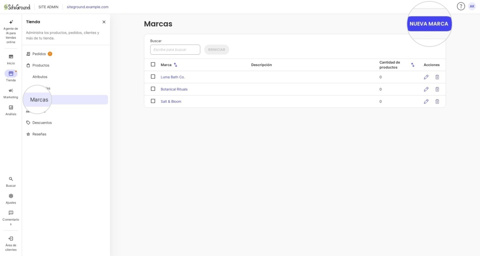 Botón Nueva Marca en la sección de Marcas en SiteGround Ecommerce