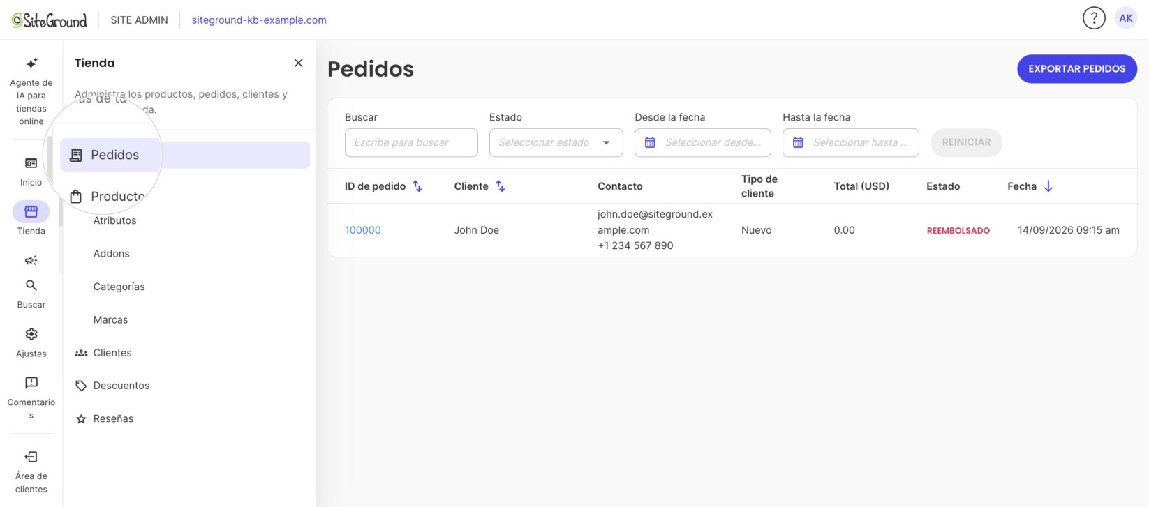 La página Pedidos abierta en Site Admin, con el menú Tienda mostrando Pedidos seleccionado.