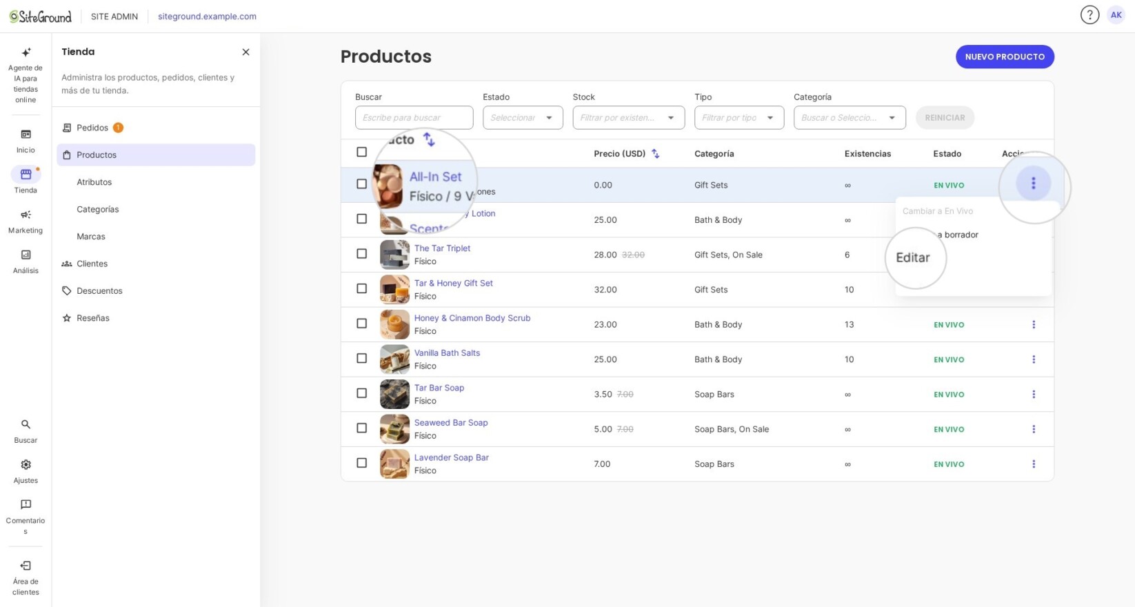 Lista de productos con el menú de tres puntos abierto en una fila de producto, mostrando la opción Editar