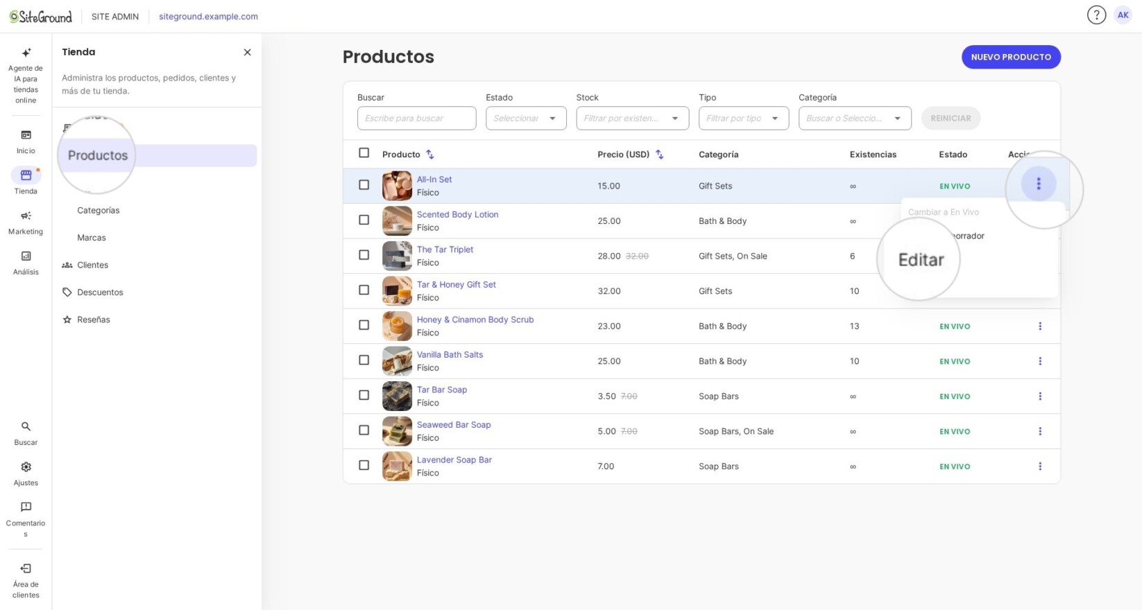 Editando un producto para añadir imágenes en SiteGround Ecommerce
