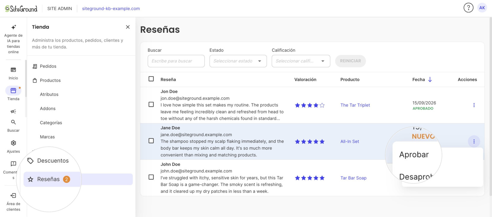La lista de Reseñas con el menú Acciones abierto en una reseña en estado Nuevo y Aprobar ampliado.