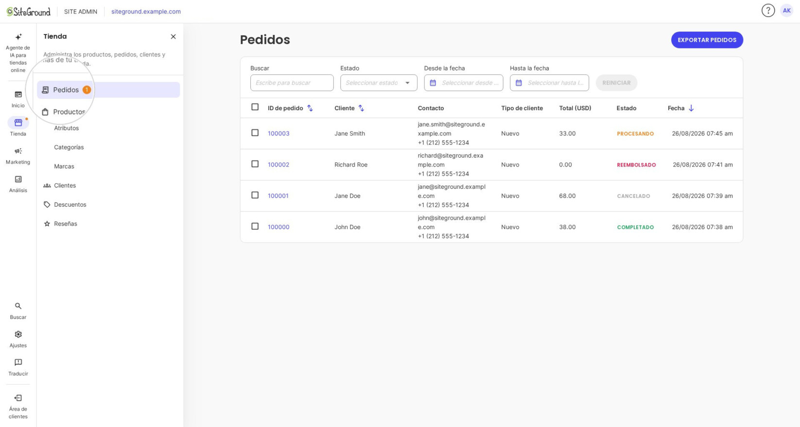 La página Tienda > Pedidos con los filtros Buscar, Estado y fechas sobre una tabla de pedidos completados.