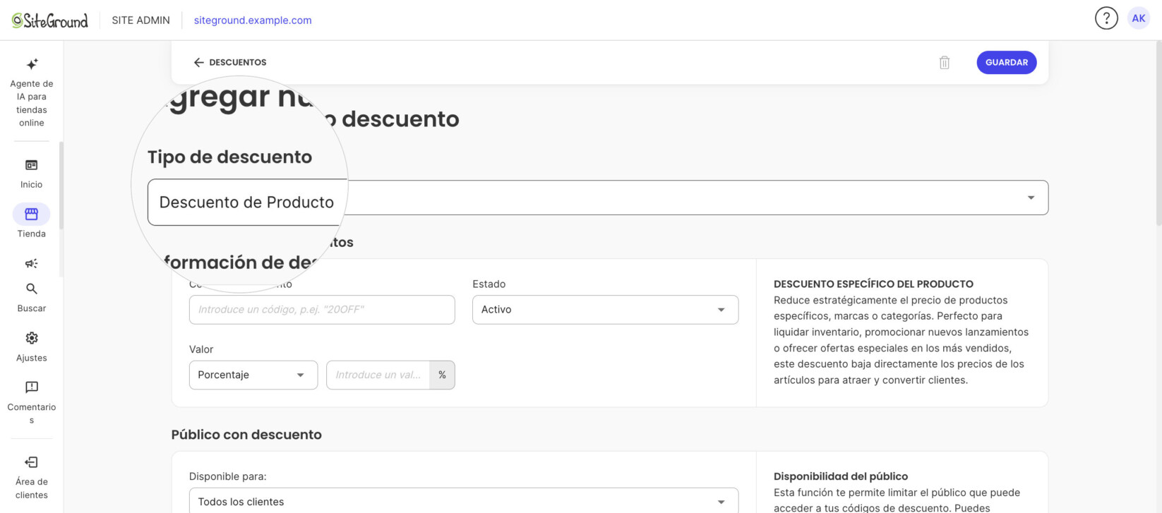 El formulario de nuevo descuento con Tipo de descuento en Descuento de Producto, sobre Información de descuentos.