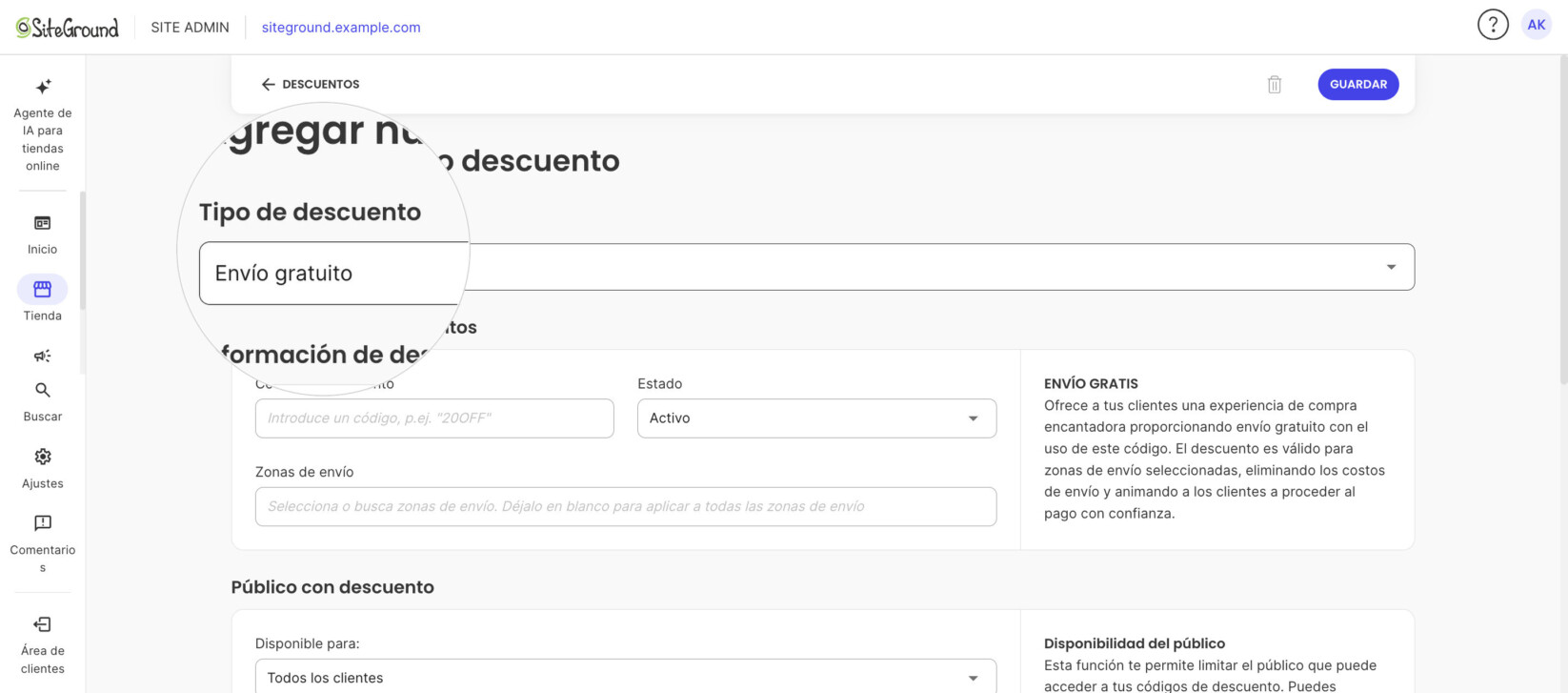 El formulario de nuevo descuento, con la lupa sobre Tipo de descuento en Envío gratuito.