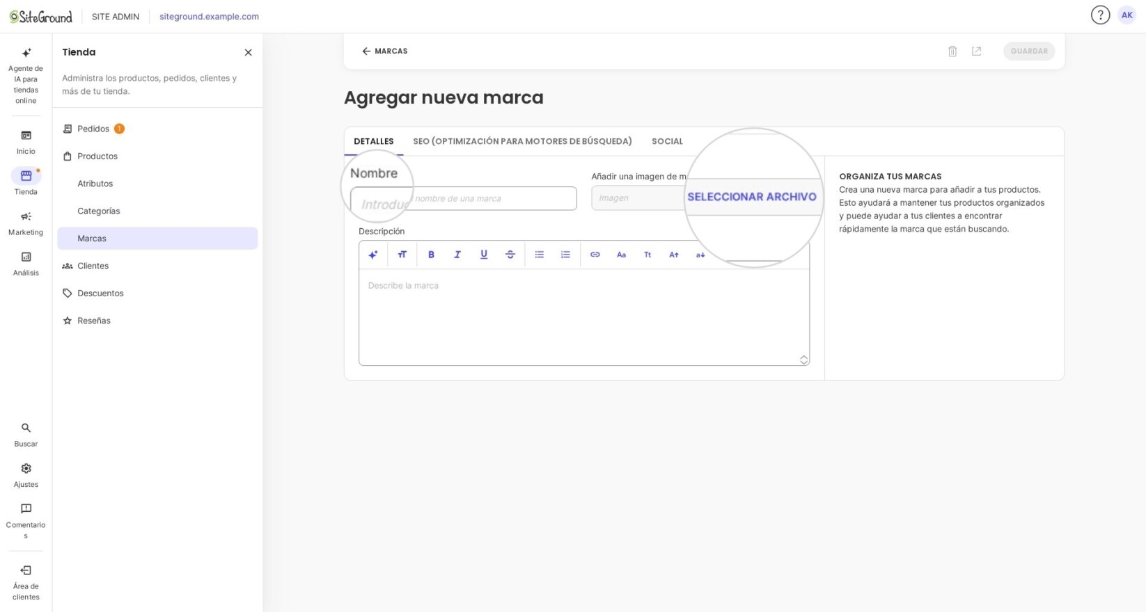 Campos de Nombre de Marca e Imagen de Marca en un editor de marca