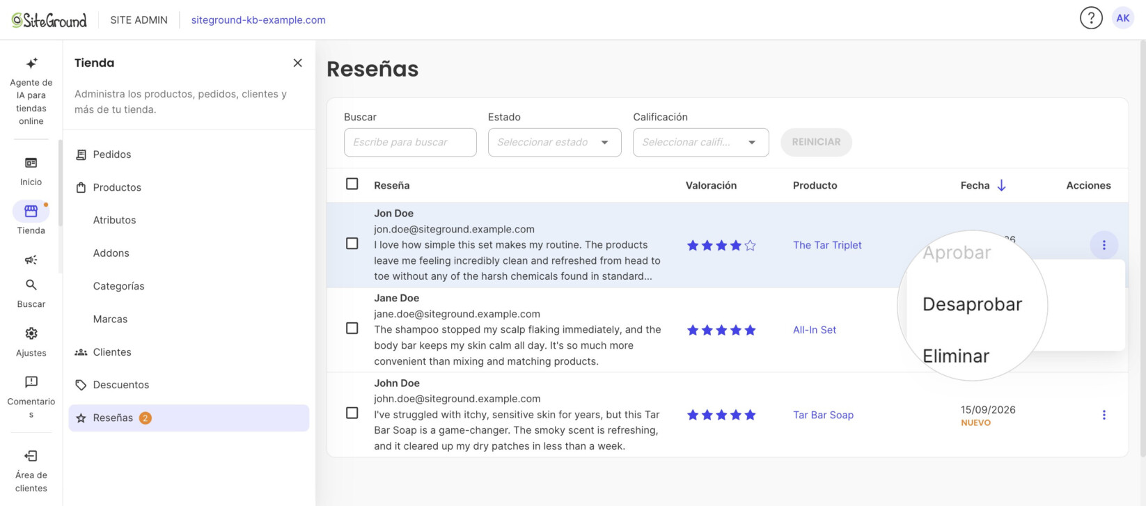 El menú Acciones de una reseña aprobada, con Aprobar atenuado y Desaprobar ampliado sobre Eliminar.