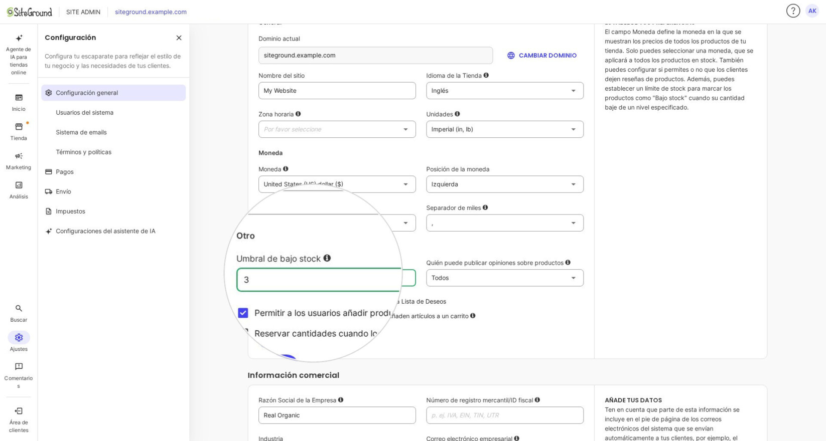 Definiendo y guardando un umbral de stock bajo en SiteGround Ecommerce