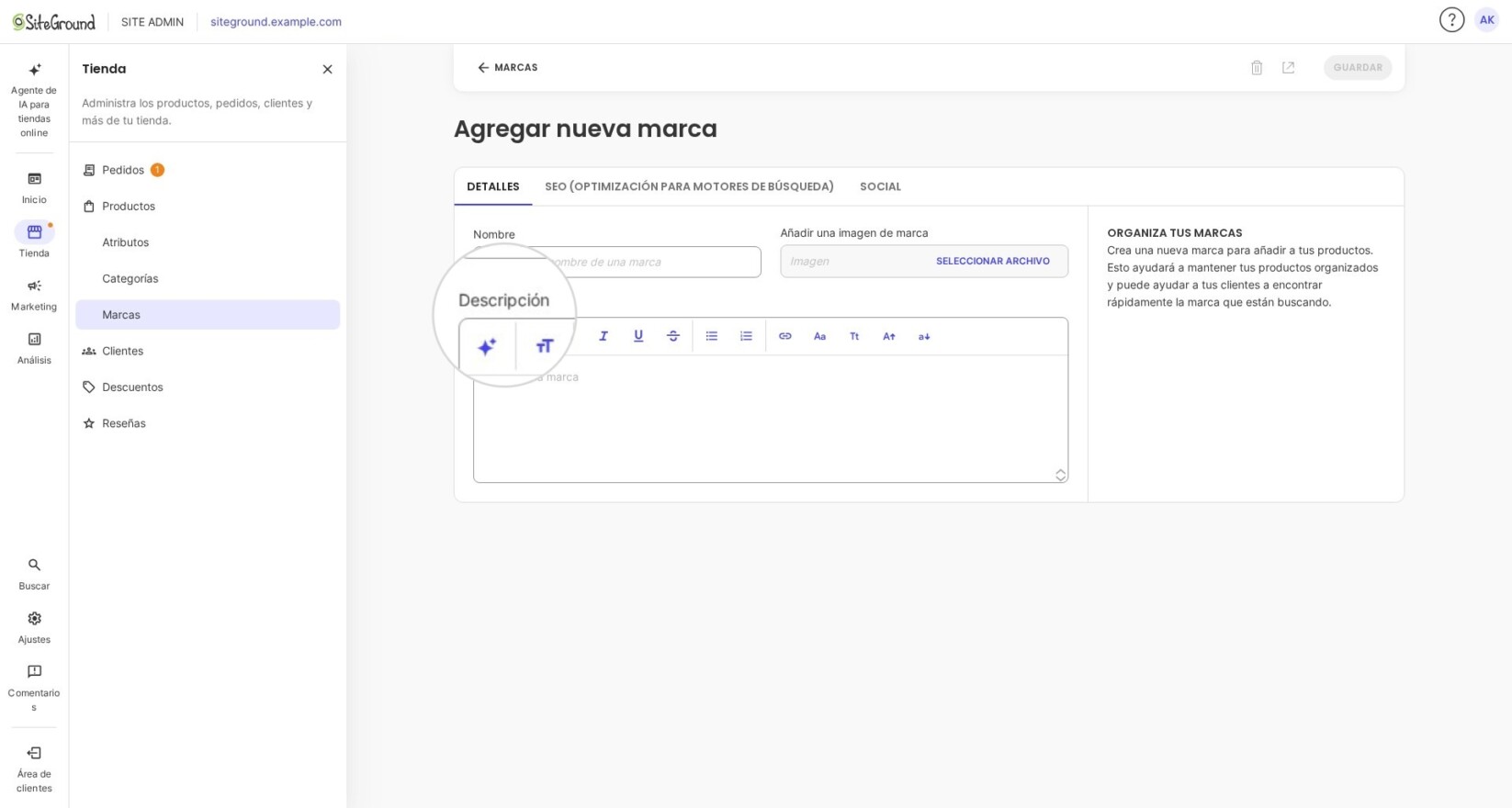 Descripción de marca en un editor de marca