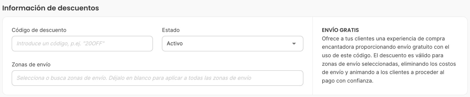 La sección Información de descuentos: Código de descuento, Estado en Activo y Zonas de envío vacío.